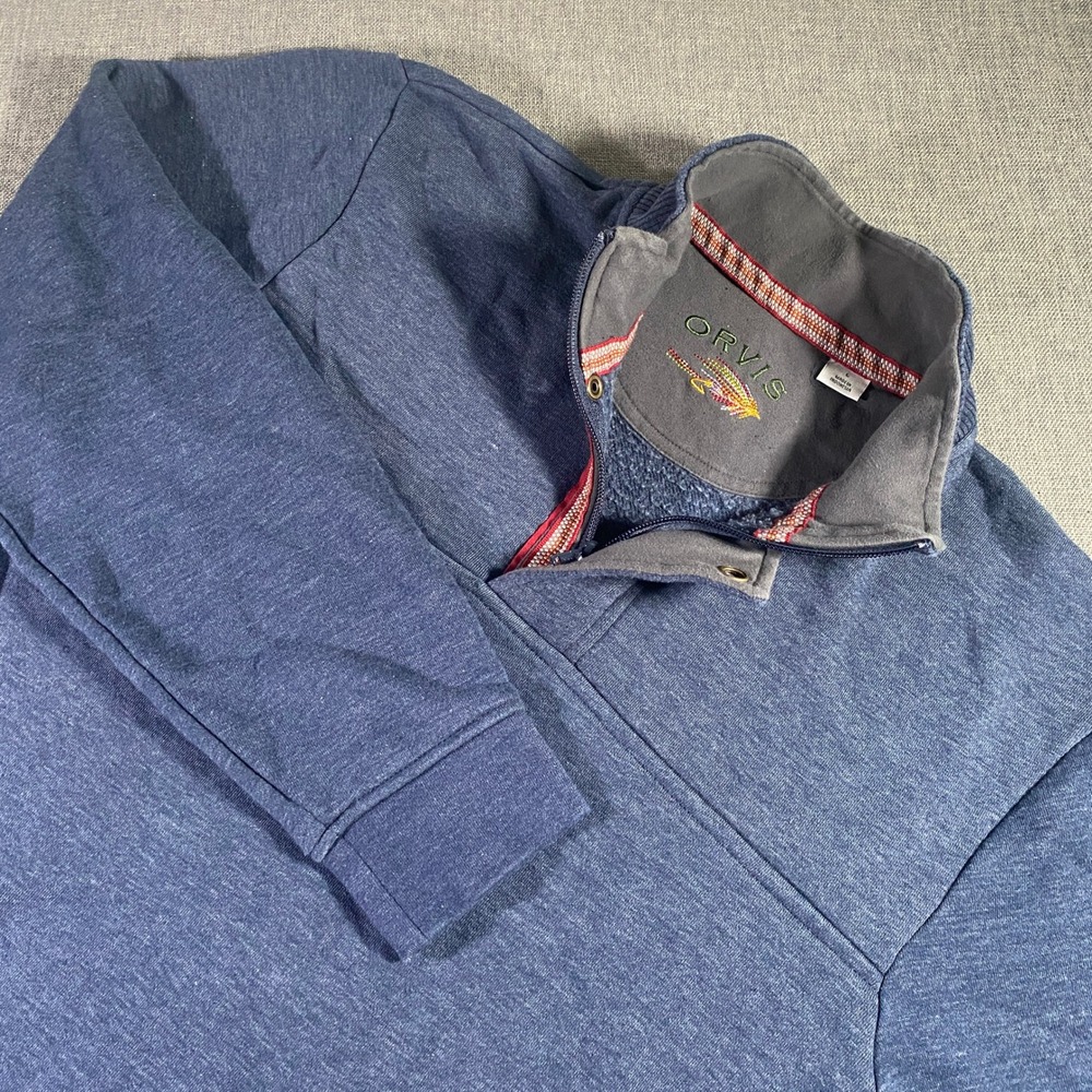 Orvis Mens Blue Quarter Snap Pullover Sweater Fishing Logo Large L